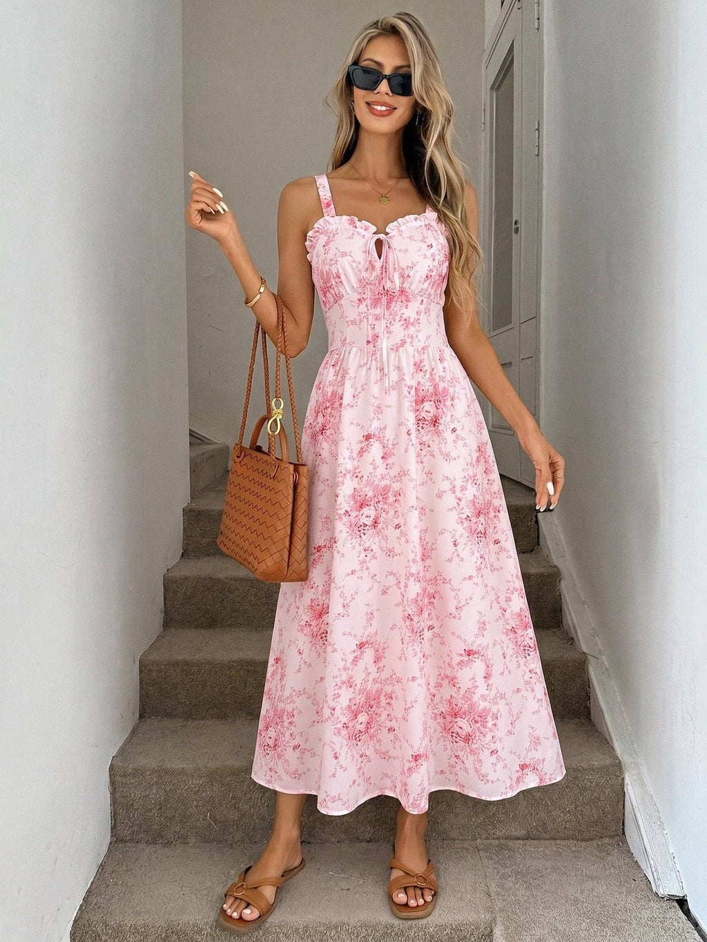 Pink Floral Square Neck Sleeveless Summer Long Dress Elegant Fit