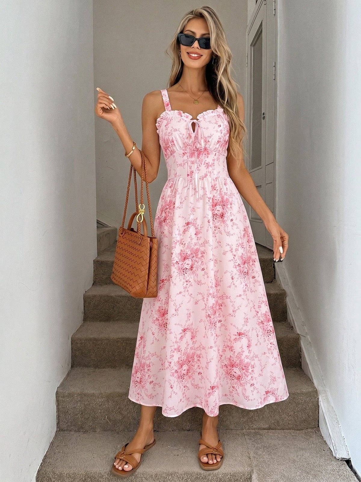 Pink Floral Square Neck Sleeveless Summer Long Dress Elegant Fit