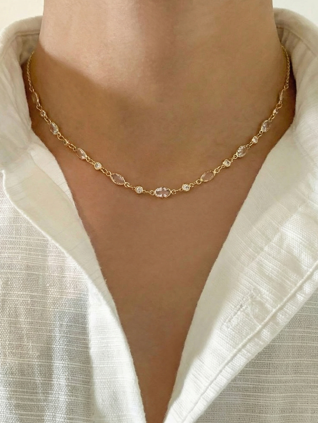 Gold Bezel Cubic Zirconia Cat Eye Chain Necklace