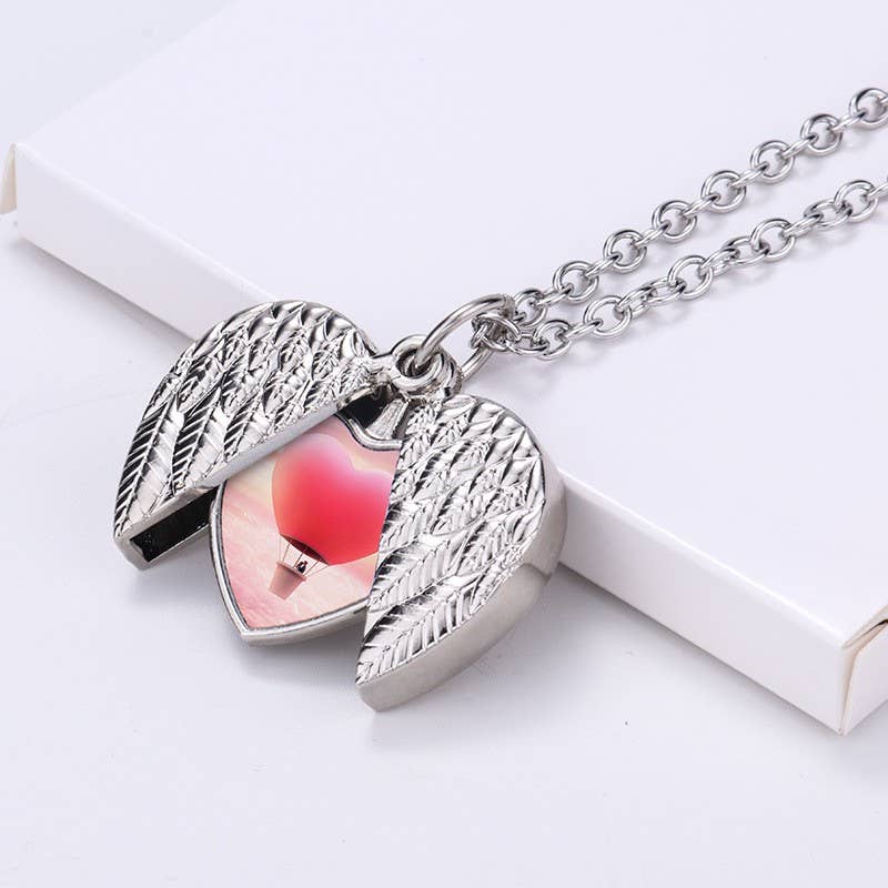 Angel Wings Heart Photo Locket Necklace Memorial Keepsake