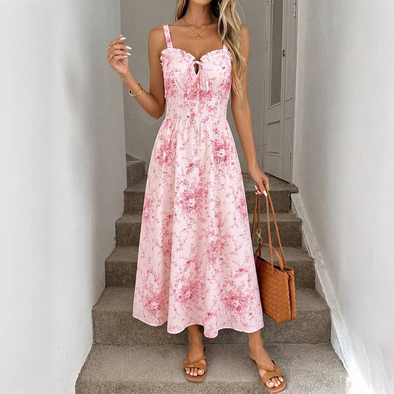 Pink Floral Square Neck Sleeveless Summer Long Dress Elegant Fit
