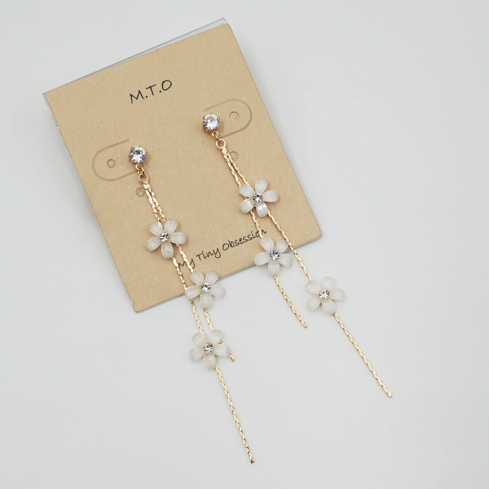 Dainty White Floral Chain Drop Earrings