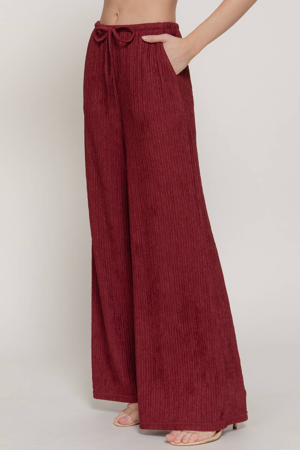 Waistband with String Crinkle Knit Long Pants