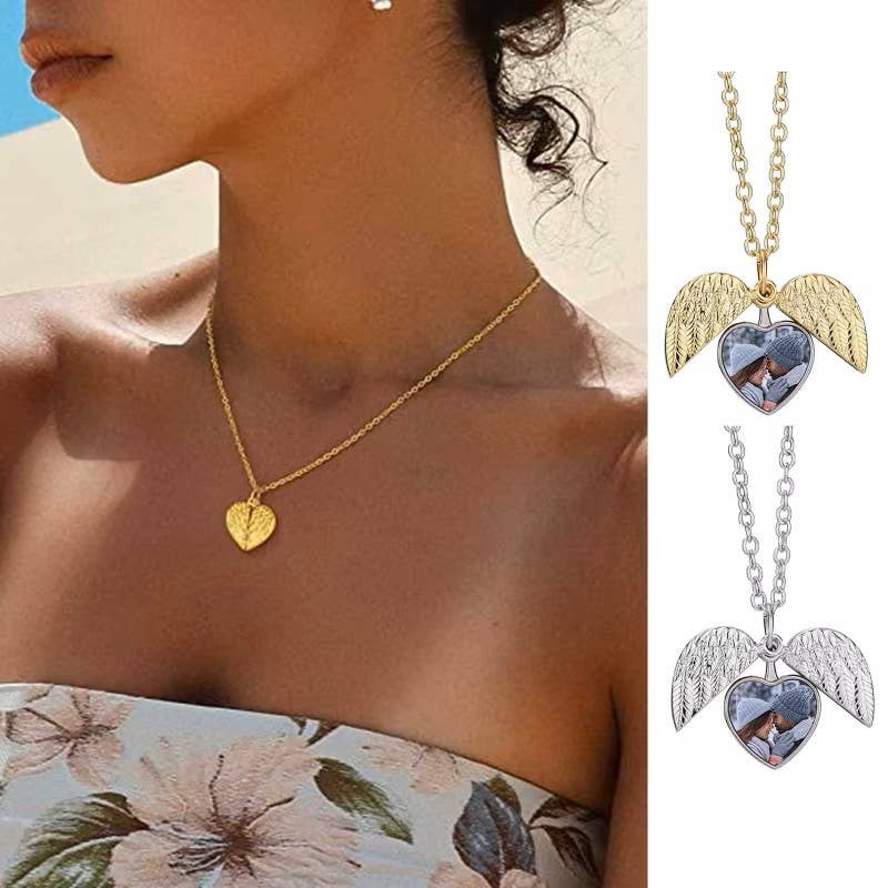 Angel Wings Heart Photo Locket Necklace Memorial Keepsake