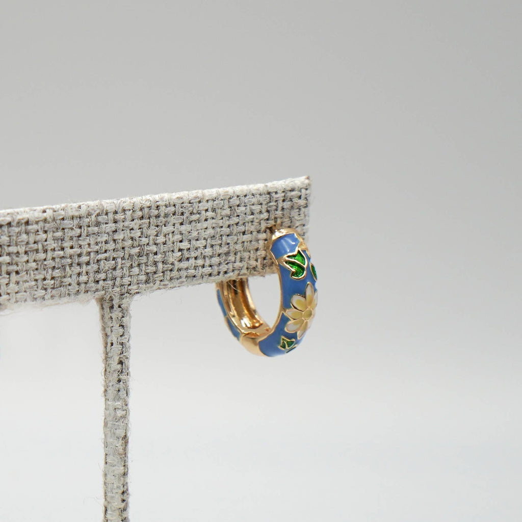 Blue Floral Enamel Huggie Hoop Earrings