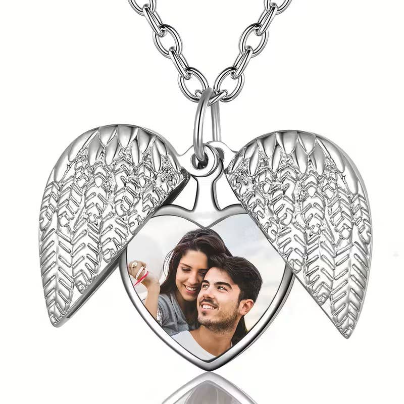 Angel Wings Heart Photo Locket Necklace Memorial Keepsake