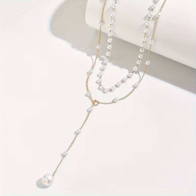Layered Pearl Necklace Women Gold Y Lariat Choker Dainty
