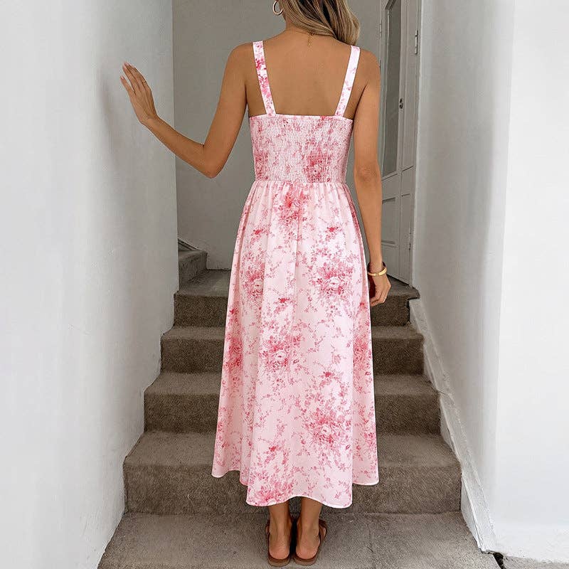 Pink Floral Square Neck Sleeveless Summer Long Dress Elegant Fit