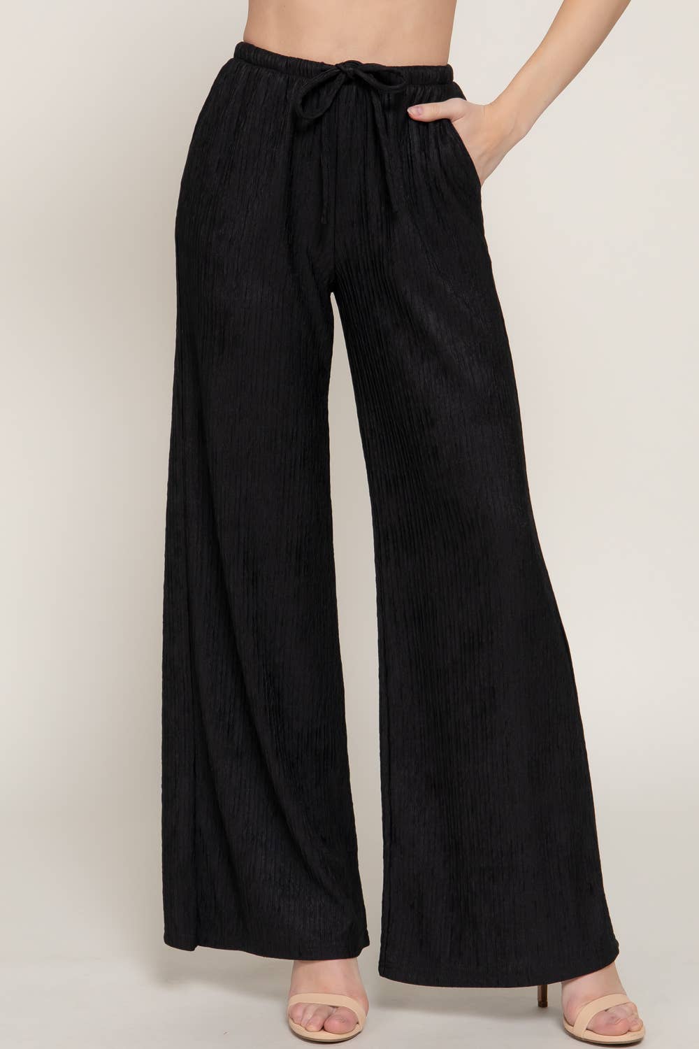 Waistband with String Crinkle Knit Long Pants