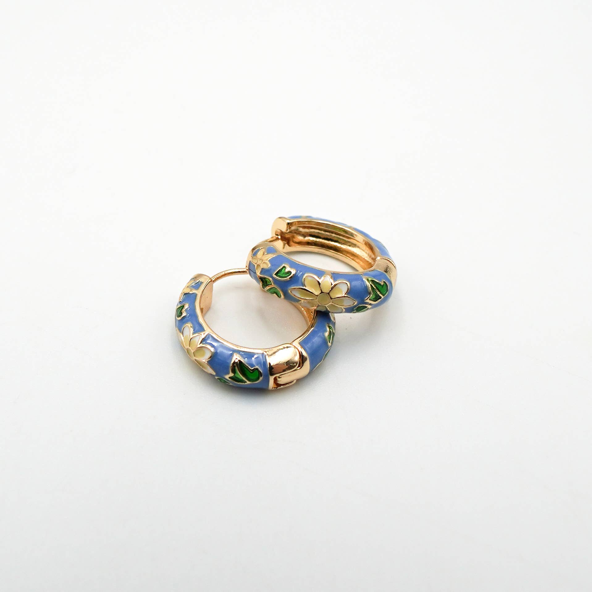 Blue Floral Enamel Huggie Hoop Earrings