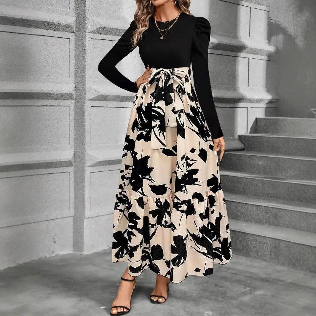 Floral Print Long Sleeve Dress with Belted Waist
