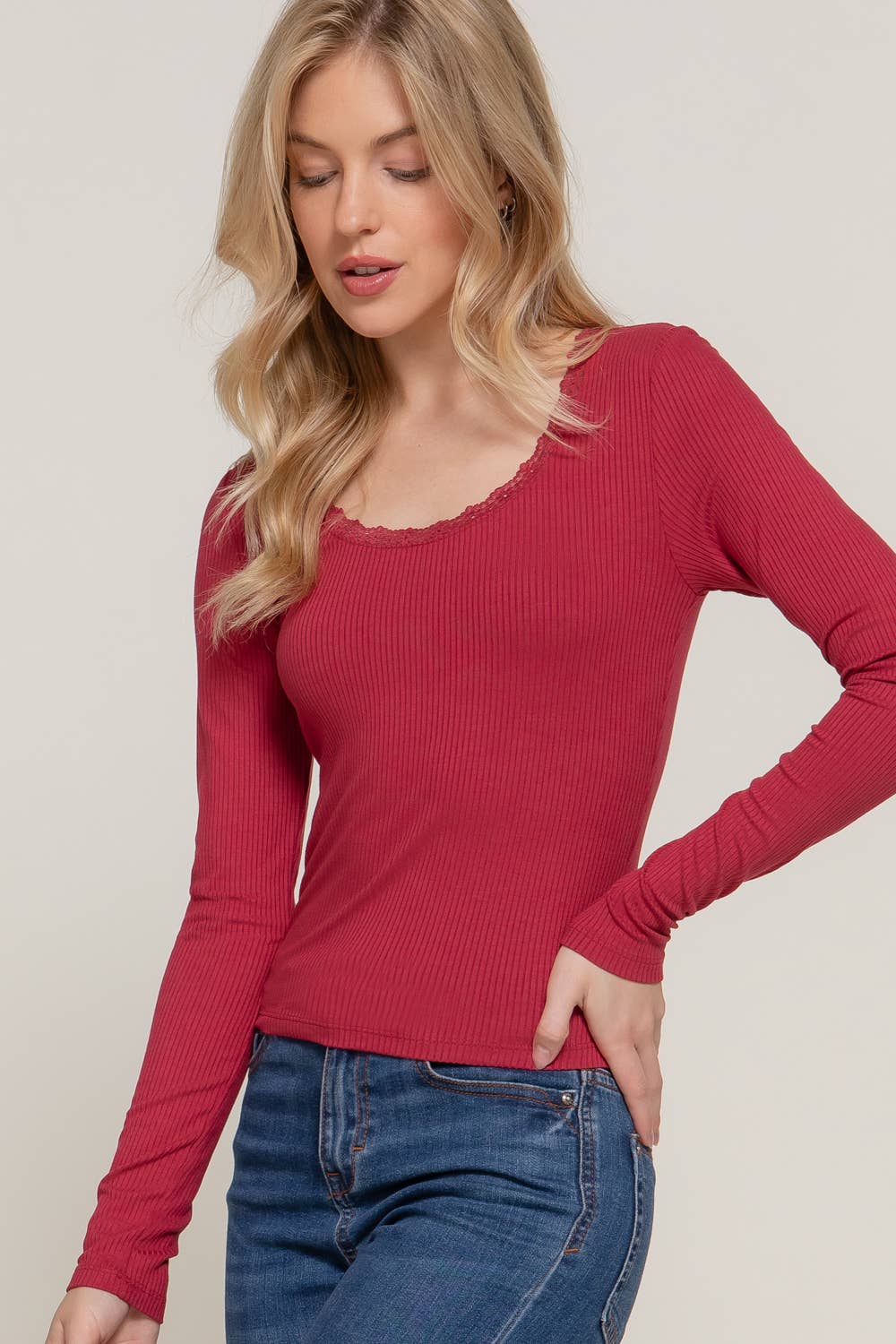 Long Sleeve Scoop Neck with Lace Trim Rib Knit Top