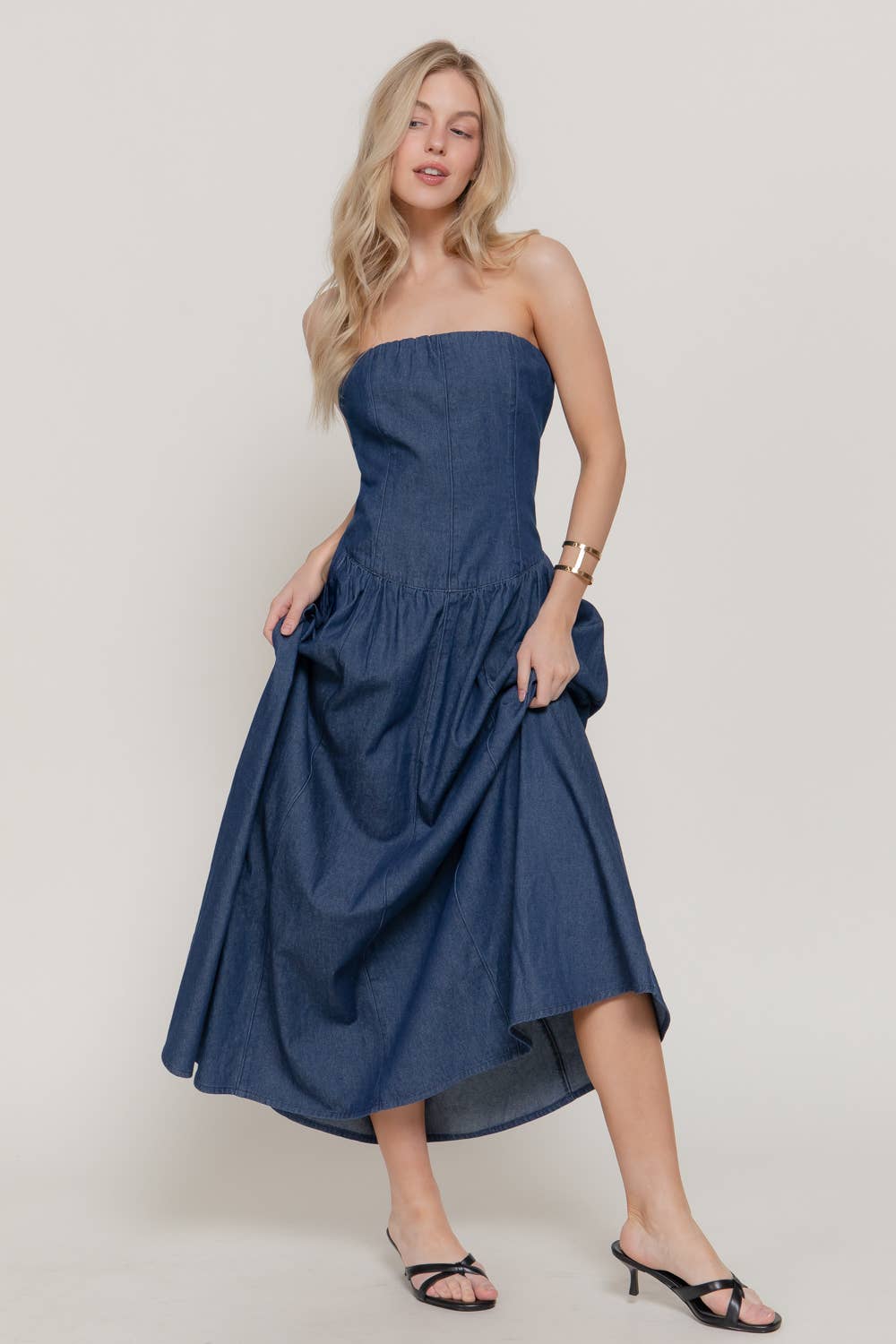 Straight Neckline Back Zipper Closure Denim Tube Midi Dress