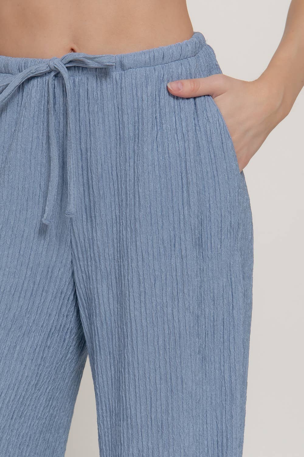 Waistband with String Crinkle Knit Long Pants