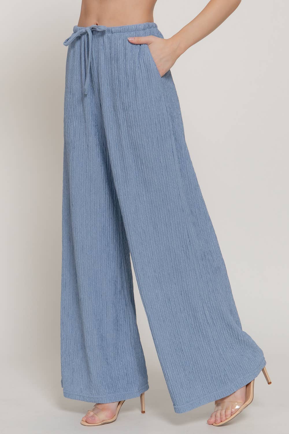 Waistband with String Crinkle Knit Long Pants
