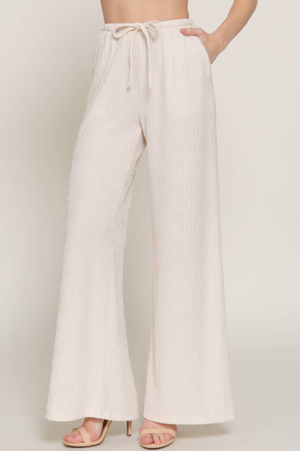 Waistband with String Crinkle Knit Long Pants
