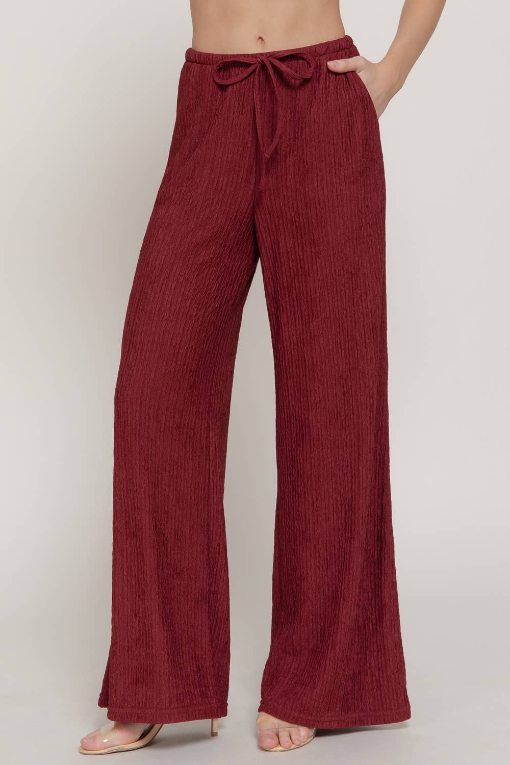 Waistband with String Crinkle Knit Long Pants