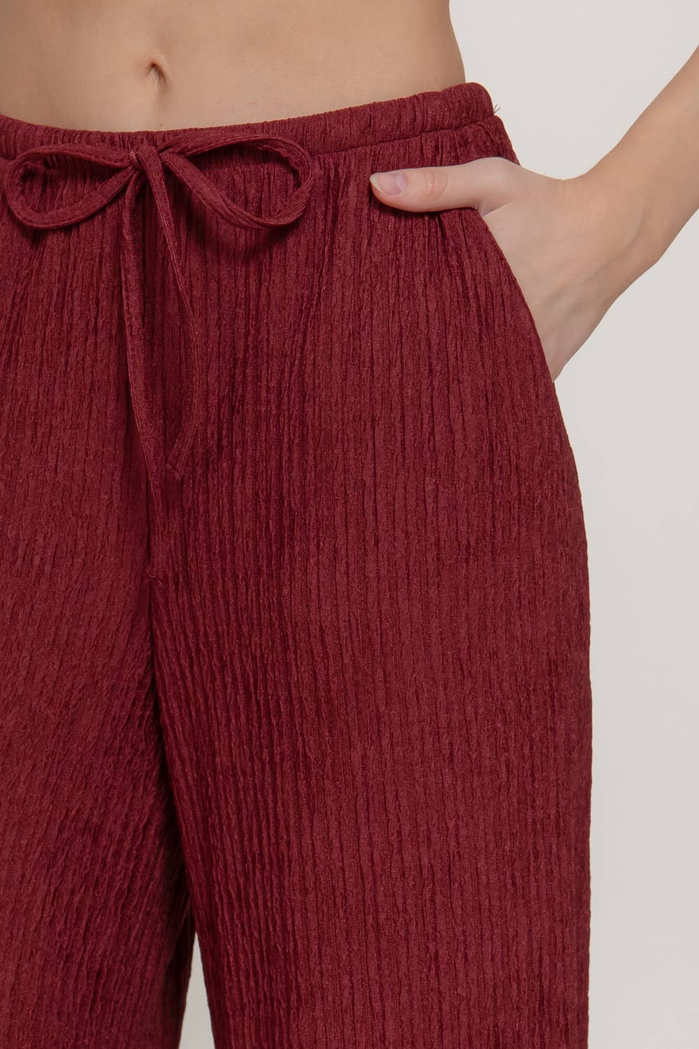 Waistband with String Crinkle Knit Long Pants