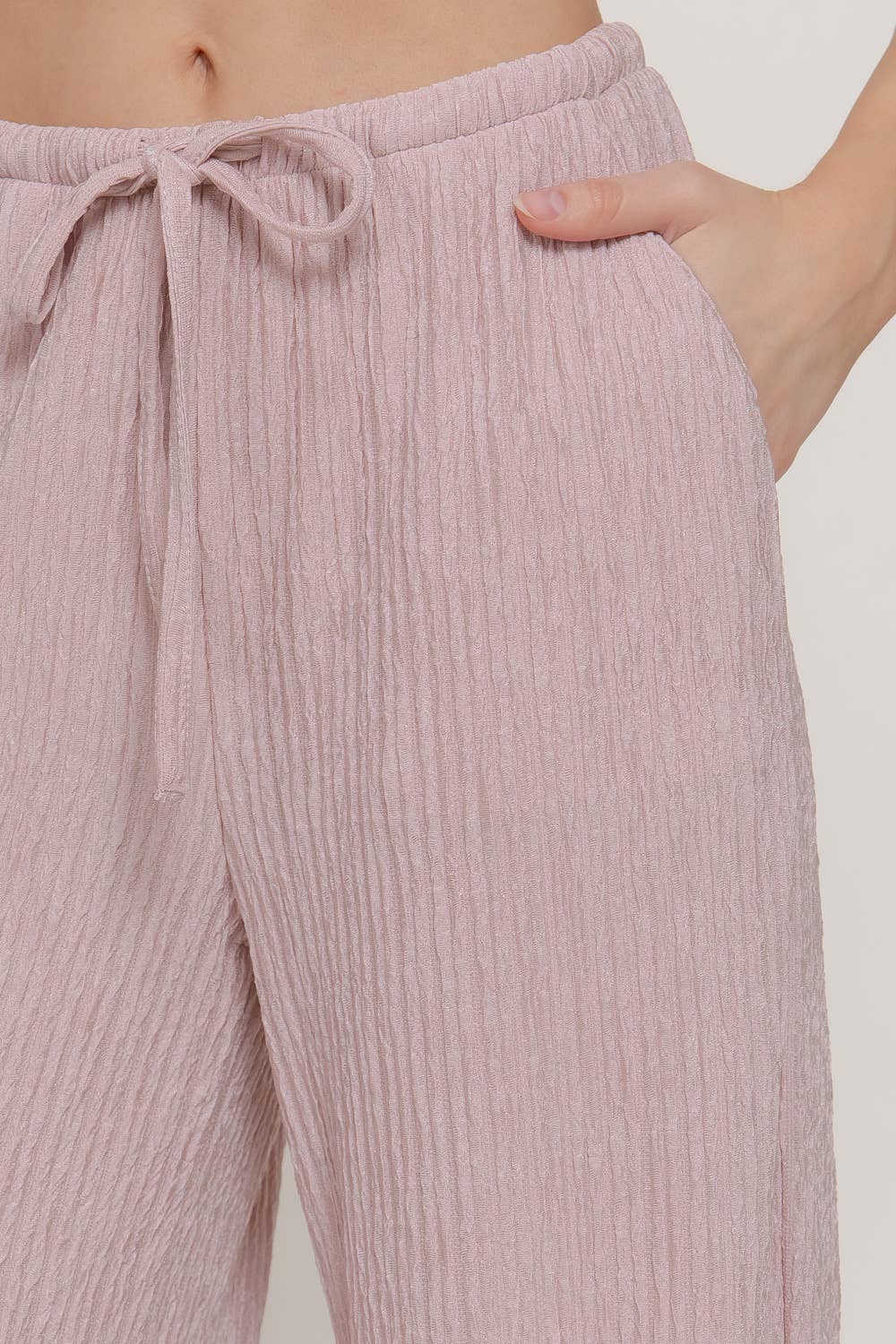 Waistband with String Crinkle Knit Long Pants