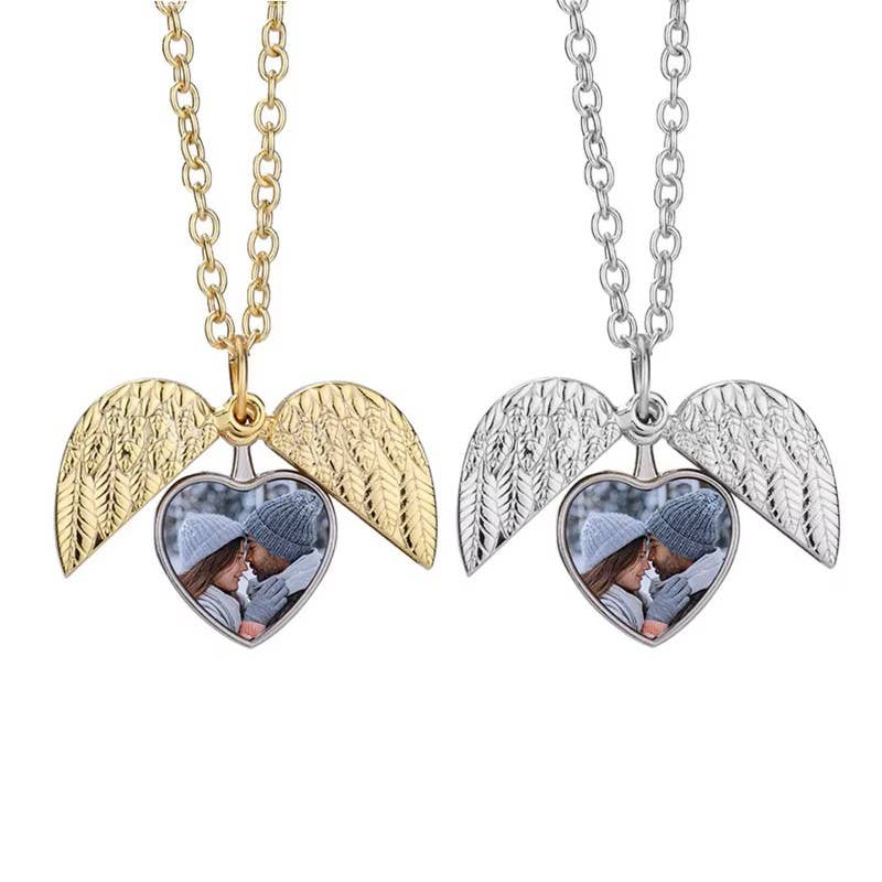 Angel Wings Heart Photo Locket Necklace Memorial Keepsake