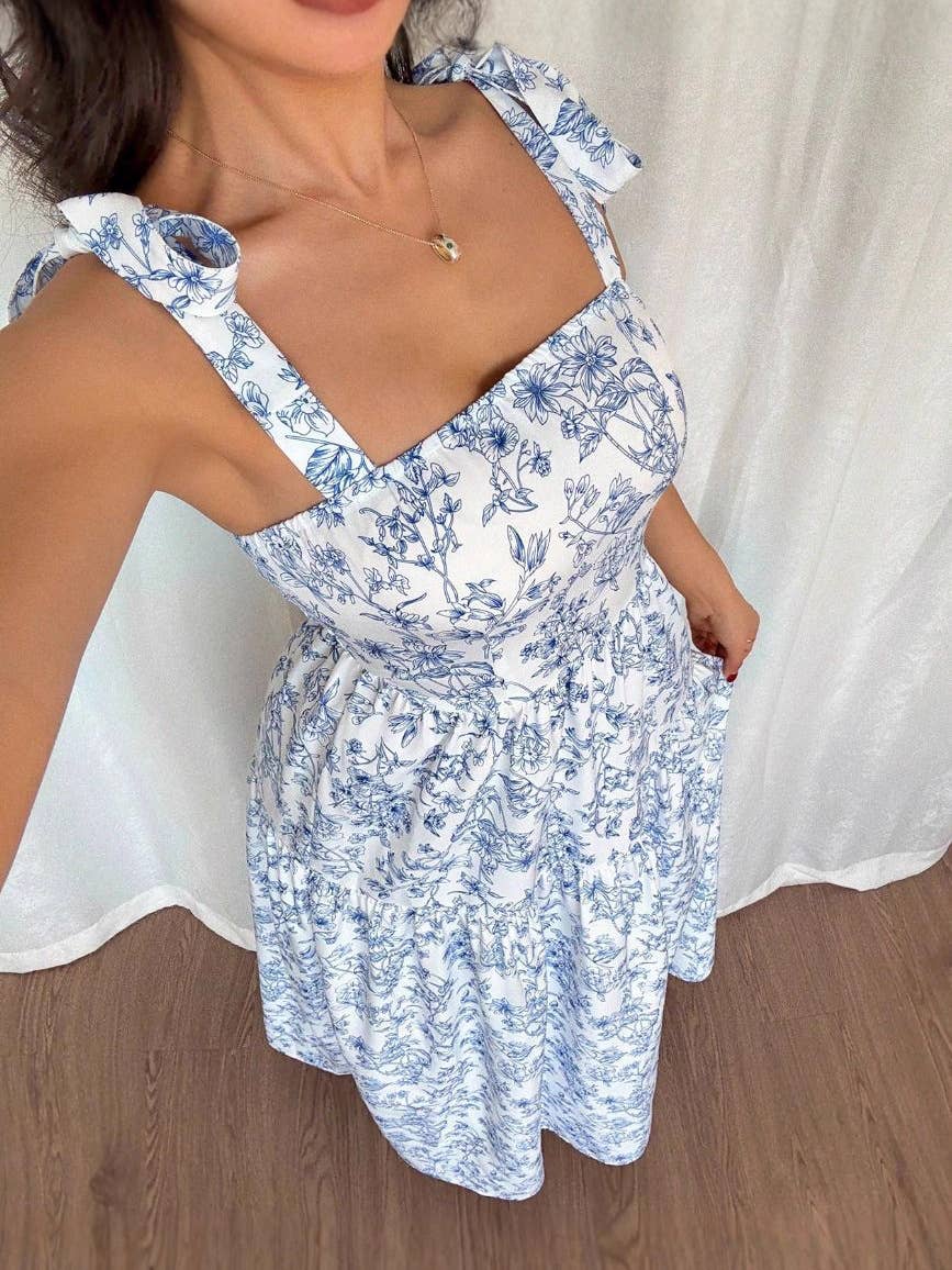 French Romance Bow Strap Floral Smocked Tiered Dress