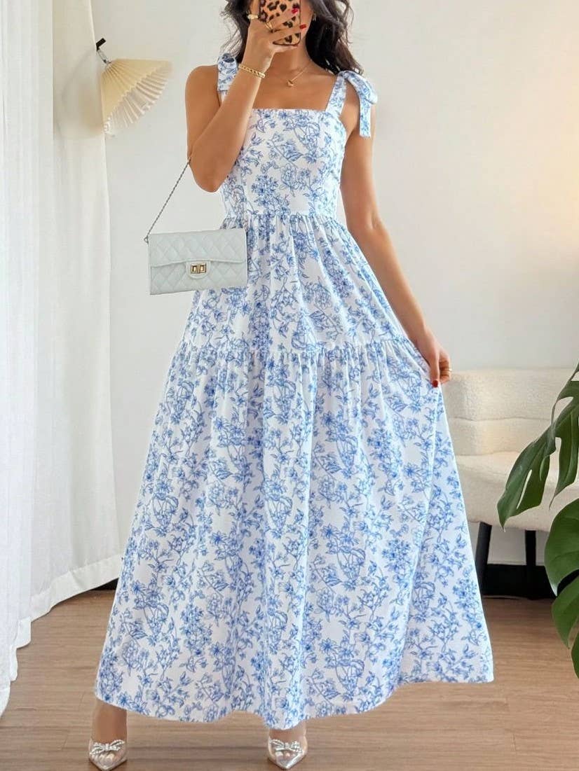French Romance Bow Strap Floral Smocked Tiered Dress