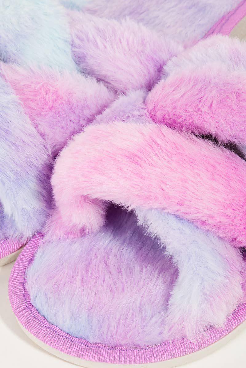 Open Toe Cross Band Fur Slippers