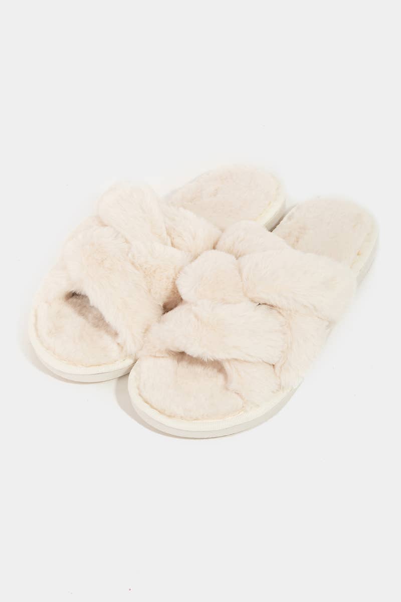 Open Toe Cross Band Fur Slippers