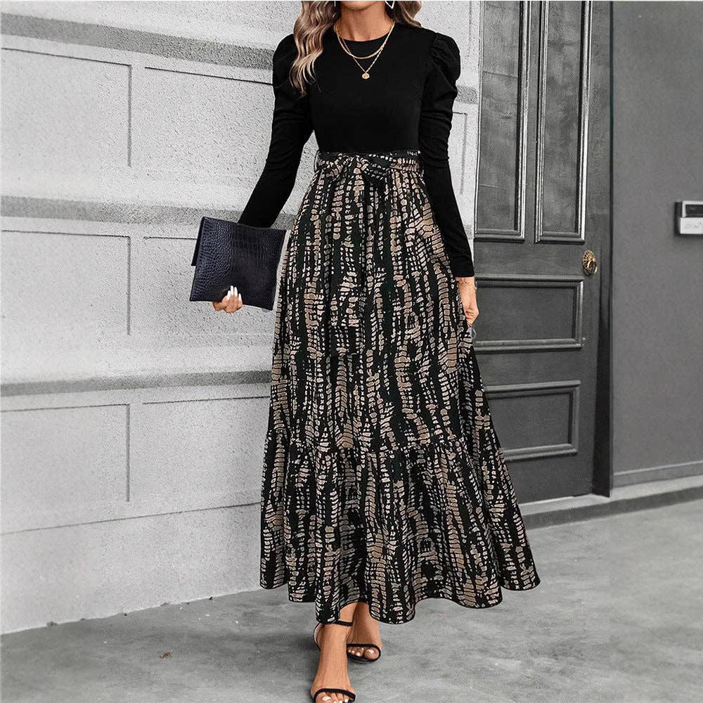 Floral Print Long Sleeve Dress with Belted Waist