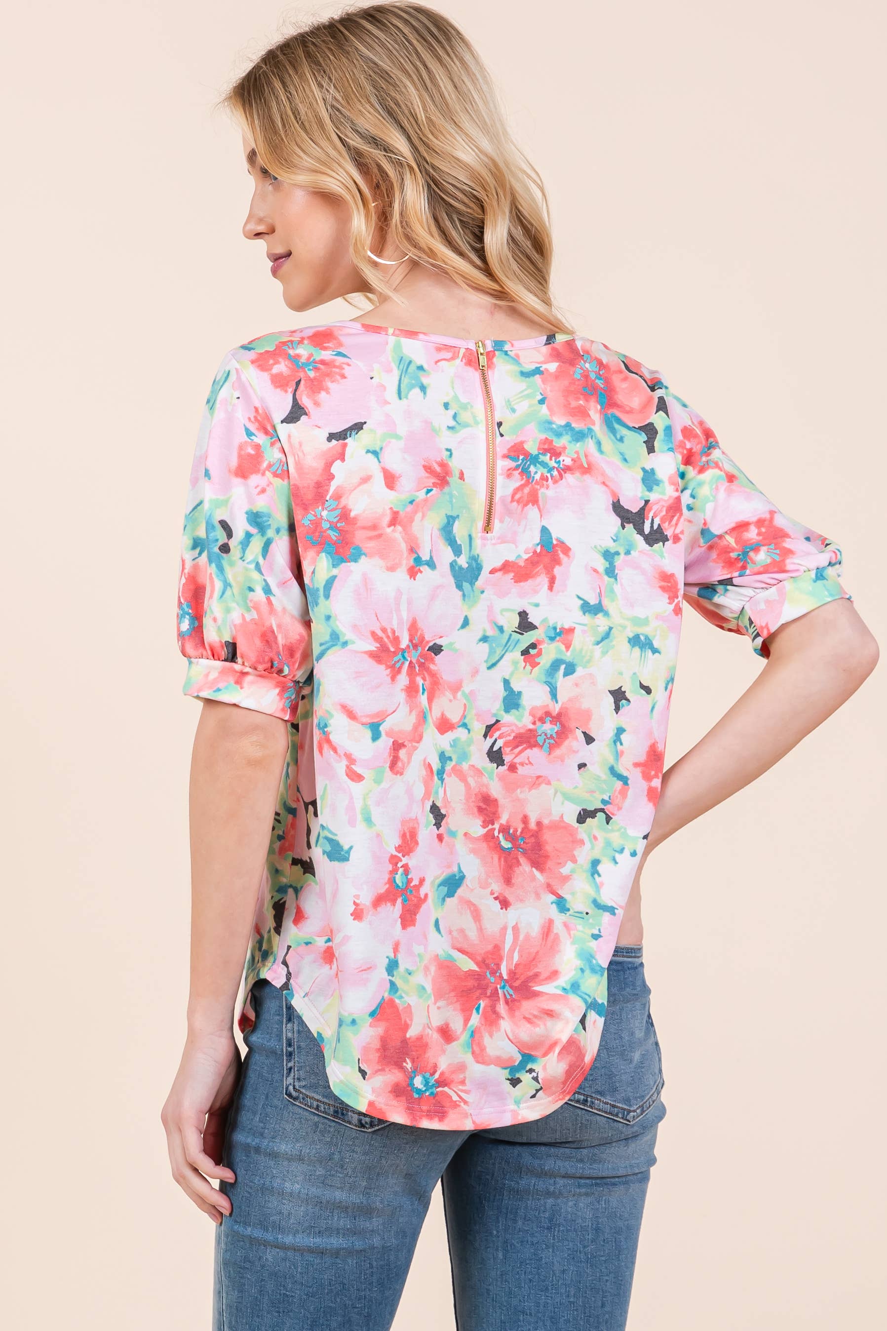 FLORAL PRINT BACK ZIPPER TOP