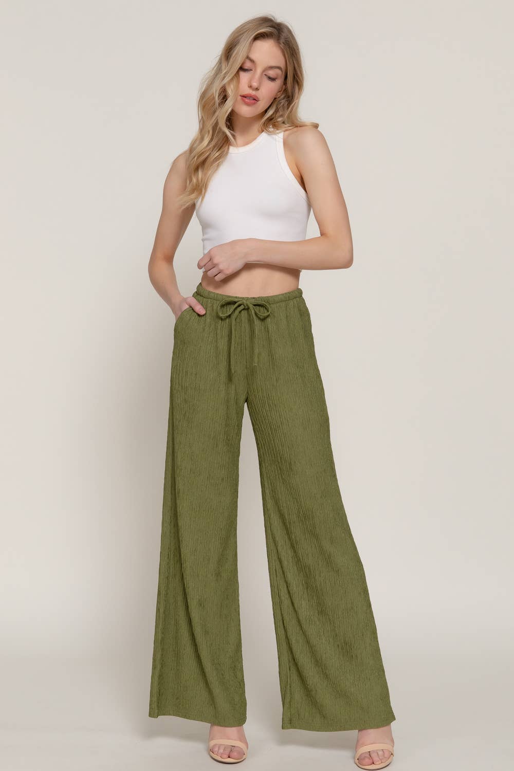 Waistband with String Crinkle Knit Long Pants