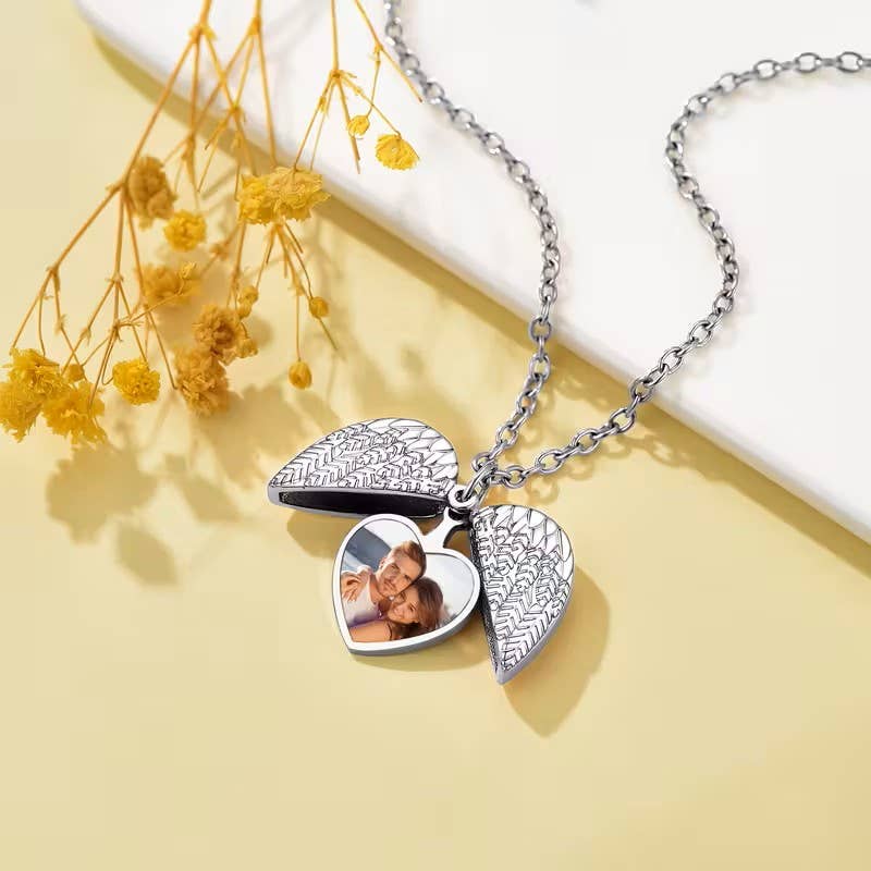 Angel Wings Heart Photo Locket Necklace Memorial Keepsake
