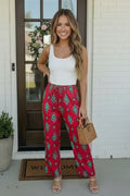 Red Geometric Print Satin Wide Leg Pants